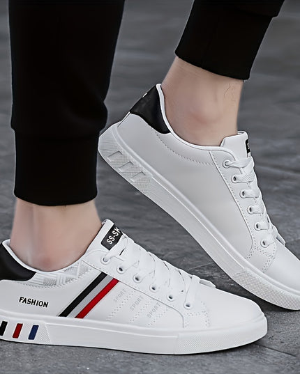 Men's Trendy Stripe Design Skate Shoes With PU Leather Uppers, Wear-resistant Non Slip Lace-up Shoes For Outdoor Casual, Men's Street Footwear