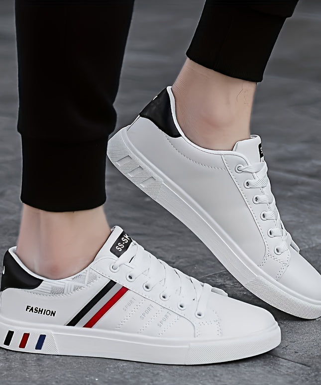 Men's Trendy Stripe Design Skate Shoes With PU Leather Uppers, Wear-resistant Non Slip Lace-up Shoes For Outdoor Casual, Men's Street Footwear