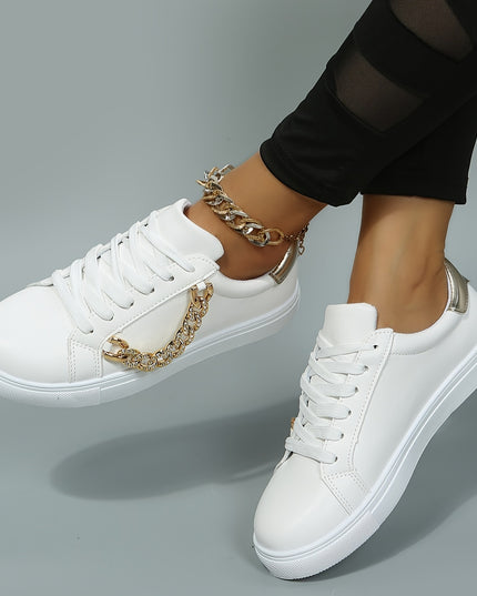 Women's Low-Top White Sneakers with Golden-Tone Chain Accents - Upper, Breathable Mesh Lining & TPR Sole - All-Season Casual Shoes for Casual Attire, Ladies Sneakers, Versatile Footwear, Trendy Footwear, Comfortable Fit, Urba