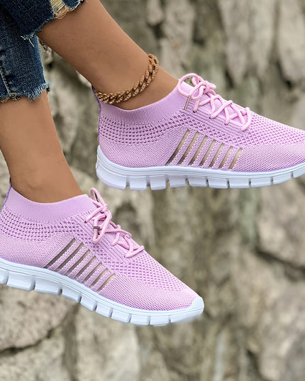 Women's Lightweight Knit Sneakers, Breathable Low-Top Lace-Up Casual Running Footwear, Fabric Upper and PU Cover Sole, Vibrant Color Sneakers, Versatile Running Shoes