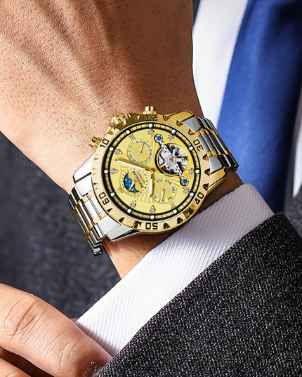 1pc Luxury Men'S Mechanical Watch - Waterproof Multifunctional Business Style Wristwatch with Date, Stopwatch, Calendar Features, Round Alloy Case, Stainless Steel Strap, Self-Winding Movement, Pointer Display - Ideal Gift fo