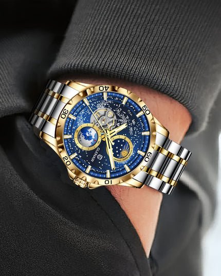 Multifunctional Men's Mechanical Watch Starry Sky Dial Steel Band Stopwatch Sun Moon Star Automatic Men's Watch
