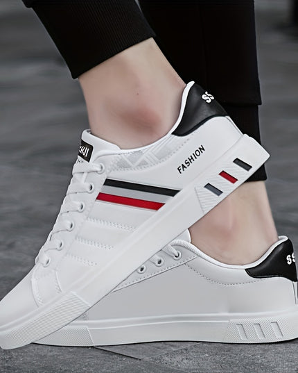 Men's Trendy Stripe Design Skate Shoes With PU Leather Uppers, Wear-resistant Non Slip Lace-up Shoes For Outdoor Casual, Men's Street Footwear