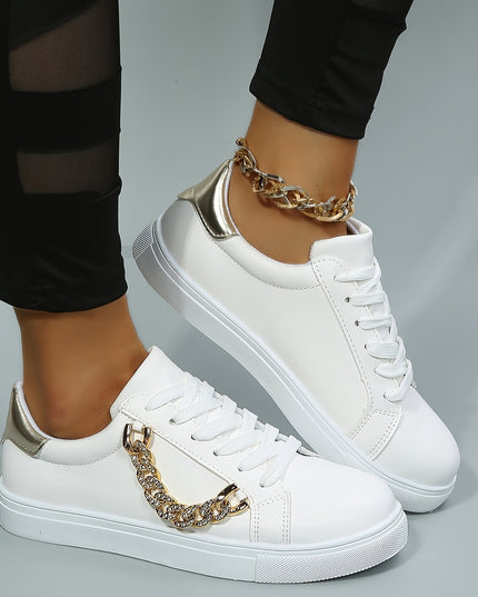 Women's Low-Top White Sneakers with Golden-Tone Chain Accents - Upper, Breathable Mesh Lining & TPR Sole - All-Season Casual Shoes for Casual Attire, Ladies Sneakers, Versatile Footwear, Trendy Footwear, Comfortable Fit, Urba