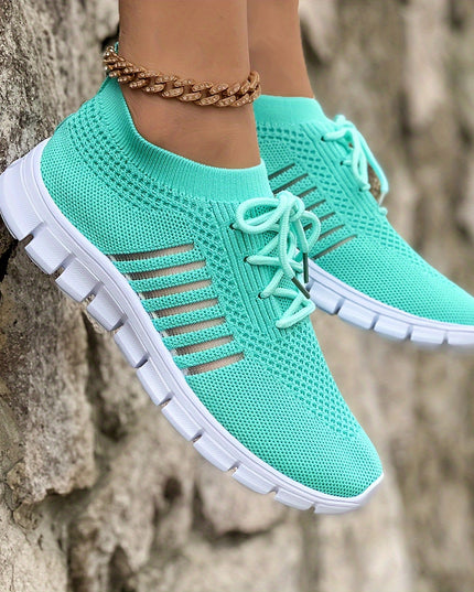 Women's Lightweight Knit Sneakers, Breathable Low-Top Lace-Up Casual Running Footwear, Fabric Upper and PU Cover Sole, Vibrant Color Sneakers, Versatile Running Shoes