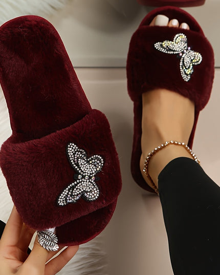 Women's Plush Fuzzy Slippers with Butterfly Rhinestone Embellishments - Open-Toe Cozy Indoor House Shoes, Soft Fabric Upper & EVA Sole for Warmth, Spring Home Comfort, Comfortable Slippers, Elegant Slipon, Stylish Footwear, D