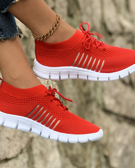 Women's Lightweight Knit Sneakers, Breathable Low-Top Lace-Up Casual Running Footwear, Fabric Upper and PU Cover Sole, Vibrant Color Sneakers, Versatile Running Shoes