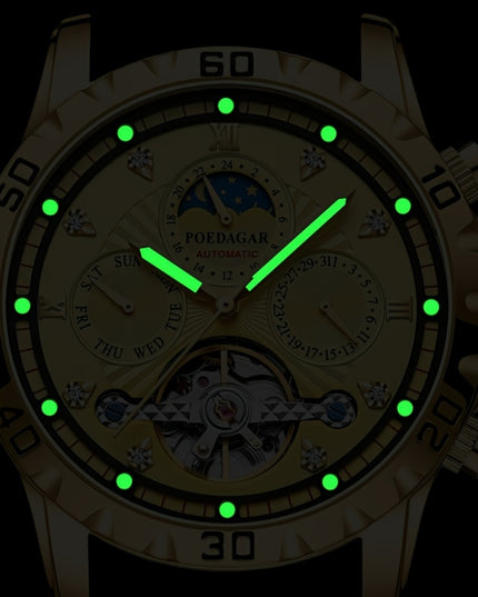 1pc Luxury Men'S Mechanical Watch - Waterproof Multifunctional Business Style Wristwatch with Date, Stopwatch, Calendar Features, Round Alloy Case, Stainless Steel Strap, Self-Winding Movement, Pointer Display - Ideal Gift fo