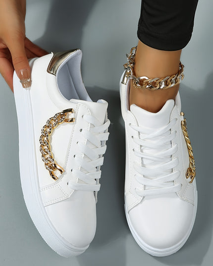 Women's Low-Top White Sneakers with Golden-Tone Chain Accents - Upper, Breathable Mesh Lining & TPR Sole - All-Season Casual Shoes for Casual Attire, Ladies Sneakers, Versatile Footwear, Trendy Footwear, Comfortable Fit, Urba