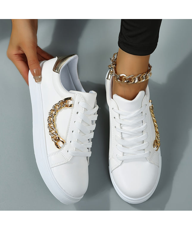 Women's Low-Top White Sneakers with Golden-Tone Chain Accents - Upper, Breathable Mesh Lining & TPR Sole - All-Season Casual Shoes for Casual Attire, Ladies Sneakers, Versatile Footwear, Trendy Footwear, Comfortable Fit, Urba
