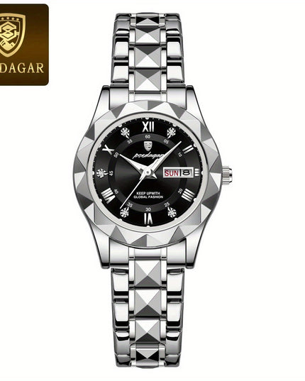 POEDAGAR Luxury Rhinestone Women's Dial Cutting Watch Luminous Calendar Analog Stainless Steel Wrist Watch Date Watch