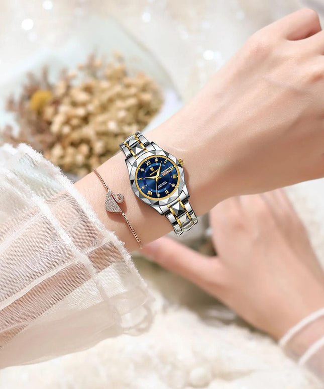 POEDAGAR Luxury Rhinestone Women's Dial Cutting Watch Luminous Calendar Analog Stainless Steel Wrist Watch Date Watch