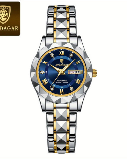 POEDAGAR Luxury Rhinestone Women's Dial Cutting Watch Luminous Calendar Analog Stainless Steel Wrist Watch Date Watch