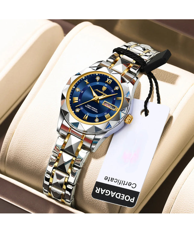 POEDAGAR Luxury Rhinestone Women's Dial Cutting Watch Luminous Calendar Analog Stainless Steel Wrist Watch Date Watch