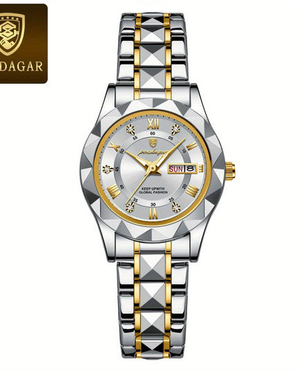 POEDAGAR Luxury Rhinestone Women's Dial Cutting Watch Luminous Calendar Analog Stainless Steel Wrist Watch Date Watch