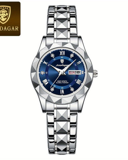 POEDAGAR Luxury Rhinestone Women's Dial Cutting Watch Luminous Calendar Analog Stainless Steel Wrist Watch Date Watch