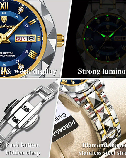 POEDAGAR Luxury Rhinestone Women's Dial Cutting Watch Luminous Calendar Analog Stainless Steel Wrist Watch Date Watch