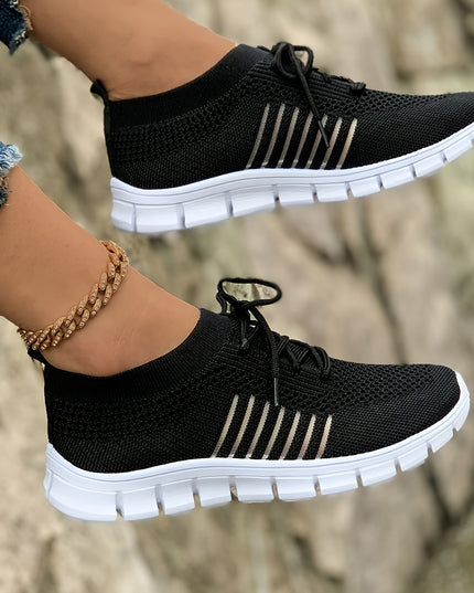 Women's Lightweight Knit Sneakers, Breathable Low-Top Lace-Up Casual Running Footwear, Fabric Upper and PU Cover Sole, Vibrant Color Sneakers, Versatile Running Shoes