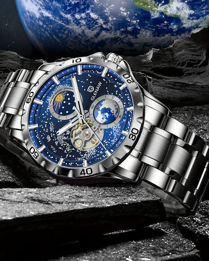 Multifunctional Men's Mechanical Watch Starry Sky Dial Steel Band Stopwatch Sun Moon Star Automatic Men's Watch