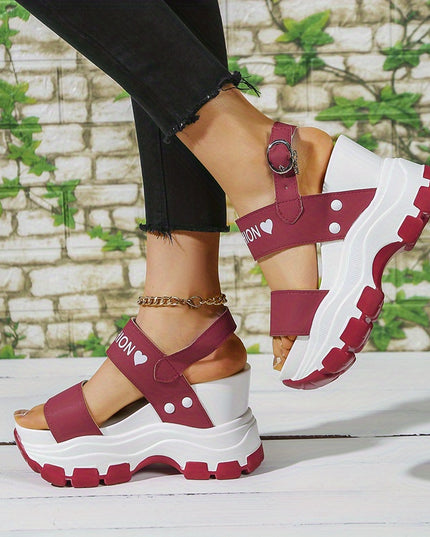 Casual Elegance Open-Toe Wedge Sandals, Solid Color with Strappy Back & Metal Buckle, Comfortable Platform Heel Fashion Footwear for Women