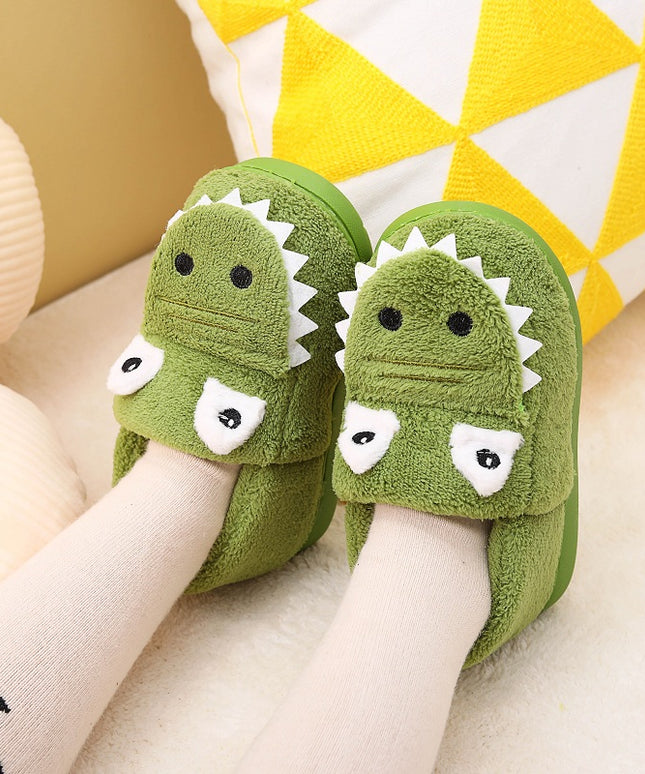 Boys' Dinosaur Slippers with Plush TPR Sole & Alligator/Crocodile Teeth - Warm Winter Indoor/Outdoor, Green & White Low-Top Easy Slip-On for, Cute Dino Footwear for Bedtime & Play