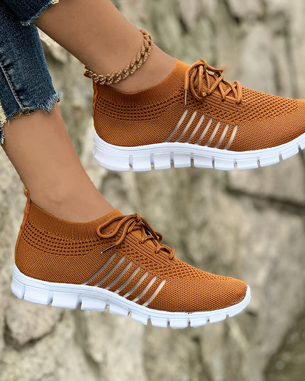 Women's Lightweight Knit Sneakers, Breathable Low-Top Lace-Up Casual Running Footwear, Fabric Upper and PU Cover Sole, Vibrant Color Sneakers, Versatile Running Shoes