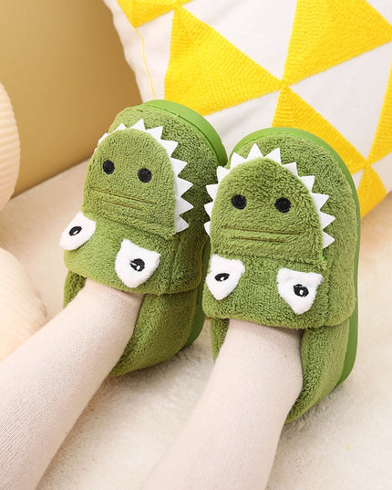 Boys' Dinosaur Slippers with Plush TPR Sole & Alligator/Crocodile Teeth - Warm Winter Indoor/Outdoor, Green & White Low-Top Easy Slip-On for, Cute Dino Footwear for Bedtime & Play