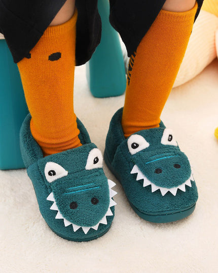 Boys' Dinosaur Slippers with Plush TPR Sole & Alligator/Crocodile Teeth - Warm Winter Indoor/Outdoor, Green & White Low-Top Easy Slip-On for, Cute Dino Footwear for Bedtime & Play