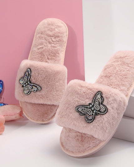Women's Plush Fuzzy Slippers with Butterfly Rhinestone Embellishments - Open-Toe Cozy Indoor House Shoes, Soft Fabric Upper & EVA Sole for Warmth, Spring Home Comfort, Comfortable Slippers, Elegant Slipon, Stylish Footwear, D