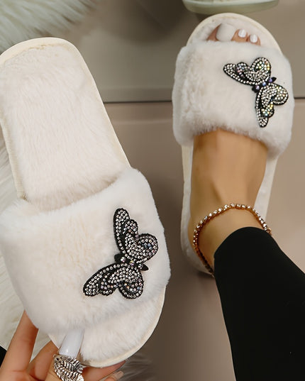Women's Plush Fuzzy Slippers with Butterfly Rhinestone Embellishments - Open-Toe Cozy Indoor House Shoes, Soft Fabric Upper & EVA Sole for Warmth, Spring Home Comfort, Comfortable Slippers, Elegant Slipon, Stylish Footwear, D