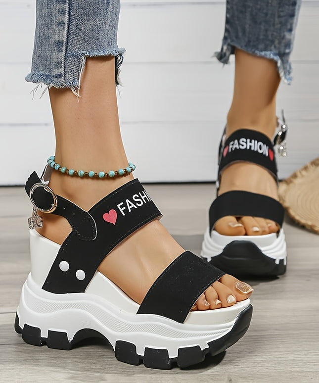 Casual Elegance Open-Toe Wedge Sandals, Solid Color with Strappy Back & Metal Buckle, Comfortable Platform Heel Fashion Footwear for Women