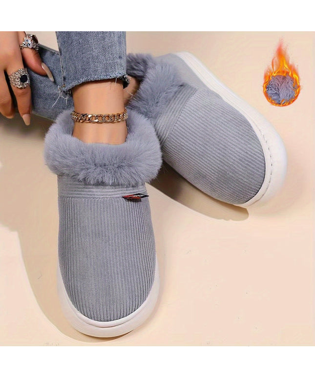 Plush-Lined Corduroy Slippers for Couples - Cozy Winter Home Footwear with Soft Sole, Solid Colors in Pink, Purple, Gray, Black, and Dark Gray, EVA Material, Hand Washable