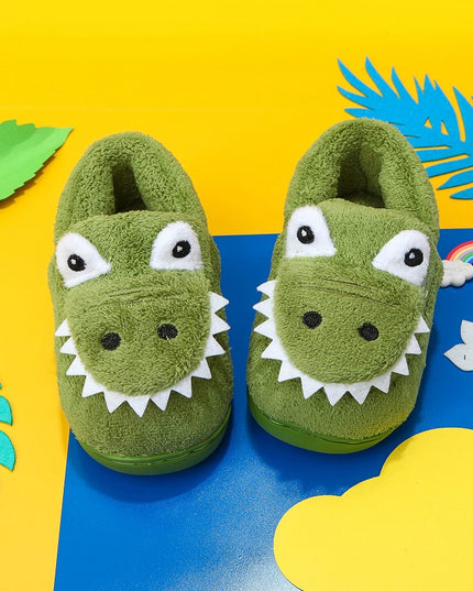Boys' Dinosaur Slippers with Plush TPR Sole & Alligator/Crocodile Teeth - Warm Winter Indoor/Outdoor, Green & White Low-Top Easy Slip-On for, Cute Dino Footwear for Bedtime & Play