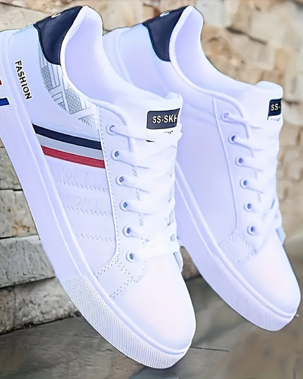 Men's Trendy Stripe Design Skate Shoes With PU Leather Uppers, Wear-resistant Non Slip Lace-up Shoes For Outdoor Casual, Men's Street Footwear