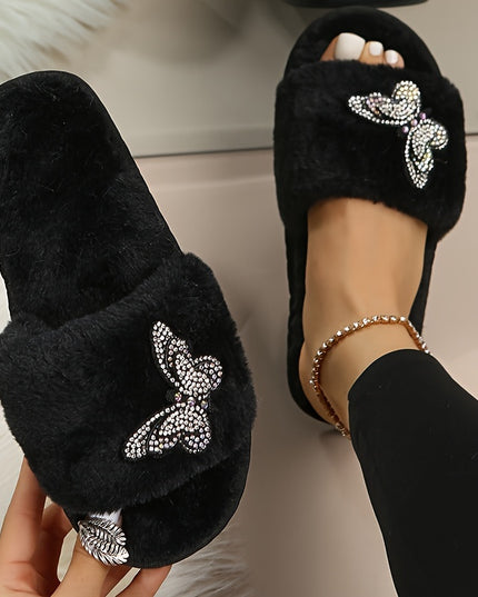 Women's Plush Fuzzy Slippers with Butterfly Rhinestone Embellishments - Open-Toe Cozy Indoor House Shoes, Soft Fabric Upper & EVA Sole for Warmth, Spring Home Comfort, Comfortable Slippers, Elegant Slipon, Stylish Footwear, D