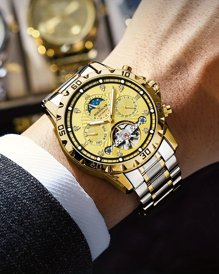 1pc Luxury Men'S Mechanical Watch - Waterproof Multifunctional Business Style Wristwatch with Date, Stopwatch, Calendar Features, Round Alloy Case, Stainless Steel Strap, Self-Winding Movement, Pointer Display - Ideal Gift fo