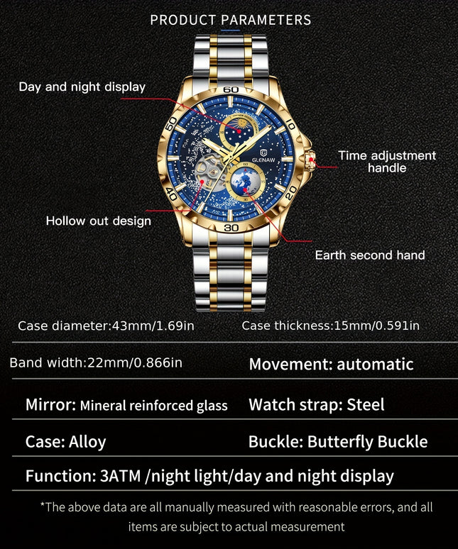 Multifunctional Men's Mechanical Watch Starry Sky Dial Steel Band Stopwatch Sun Moon Star Automatic Men's Watch