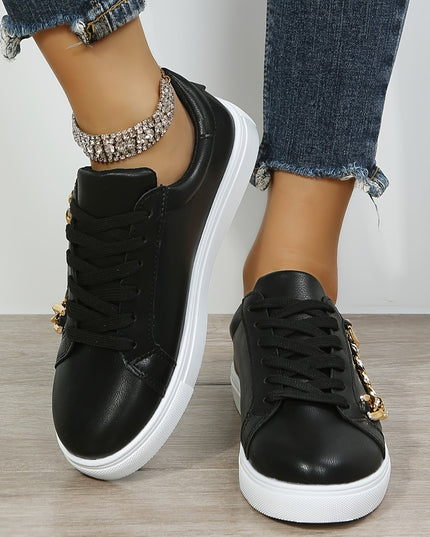 Women's Low-Top White Sneakers with Golden-Tone Chain Accents - Upper, Breathable Mesh Lining & TPR Sole - All-Season Casual Shoes for Casual Attire, Ladies Sneakers, Versatile Footwear, Trendy Footwear, Comfortable Fit, Urba