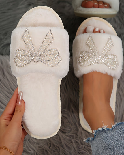Women's Plush Fuzzy Slippers with Butterfly Rhinestone Embellishments - Open-Toe Cozy Indoor House Shoes, Soft Fabric Upper & EVA Sole for Warmth, Spring Home Comfort, Comfortable Slippers, Elegant Slipon, Stylish Footwear, D