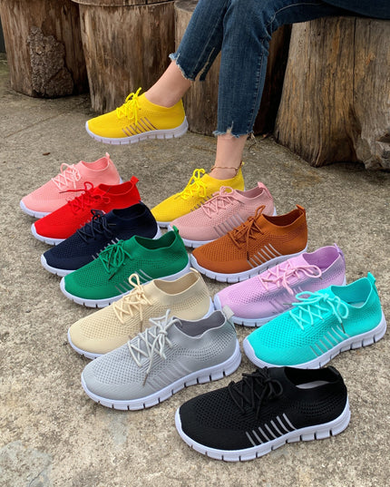 Women's Lightweight Knit Sneakers, Breathable Low-Top Lace-Up Casual Running Footwear, Fabric Upper and PU Cover Sole, Vibrant Color Sneakers, Versatile Running Shoes