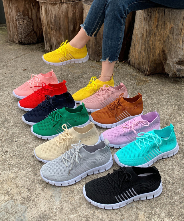 Women's Lightweight Knit Sneakers, Breathable Low-Top Lace-Up Casual Running Footwear, Fabric Upper and PU Cover Sole, Vibrant Color Sneakers, Versatile Running Shoes