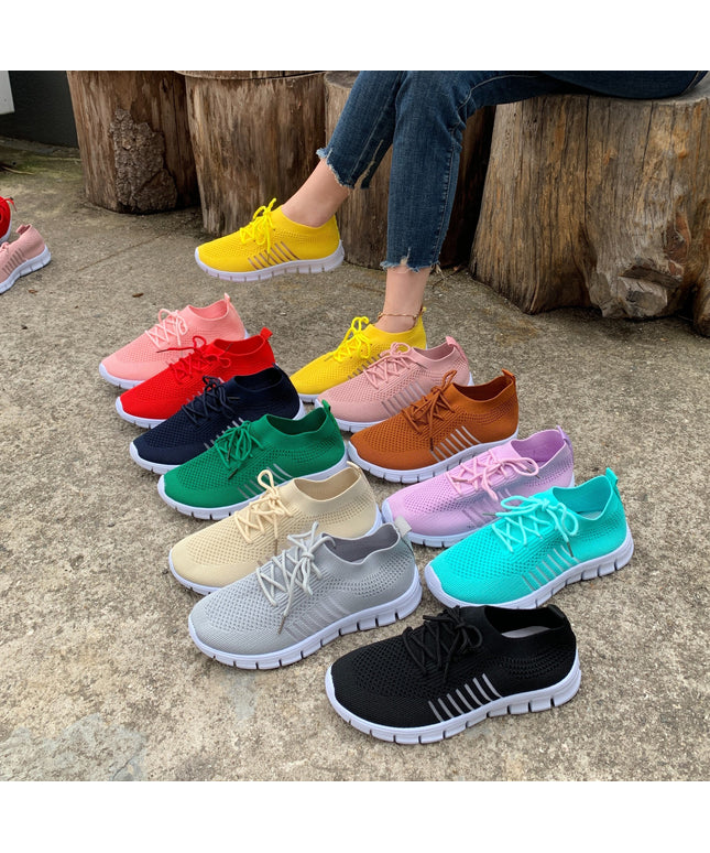 Women's Lightweight Knit Sneakers, Breathable Low-Top Lace-Up Casual Running Footwear, Fabric Upper and PU Cover Sole, Vibrant Color Sneakers, Versatile Running Shoes