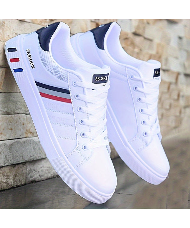 Men's Trendy Stripe Design Skate Shoes With PU Leather Uppers, Wear-resistant Non Slip Lace-up Shoes For Outdoor Casual, Men's Street Footwear