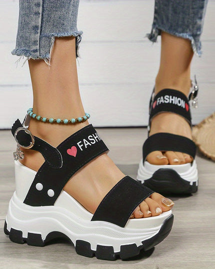 Casual Elegance Open-Toe Wedge Sandals, Solid Color with Strappy Back & Metal Buckle, Comfortable Platform Heel Fashion Footwear for Women