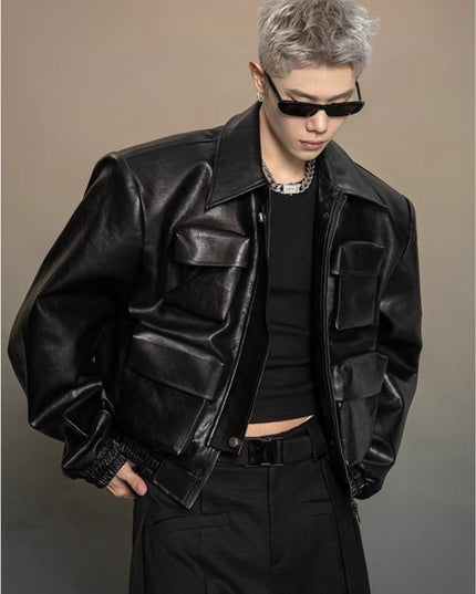 Men'S Jacket with Full-Zip Closure & Multi-Pocket Design - Avant-Garde Silhouette, Loose Casual Fit, Lining - Black Versatile Outerwear for Spring/Autumn, Mature Style & Everyday to Semi-Formal Wear - Durable & Easy-Care Jack