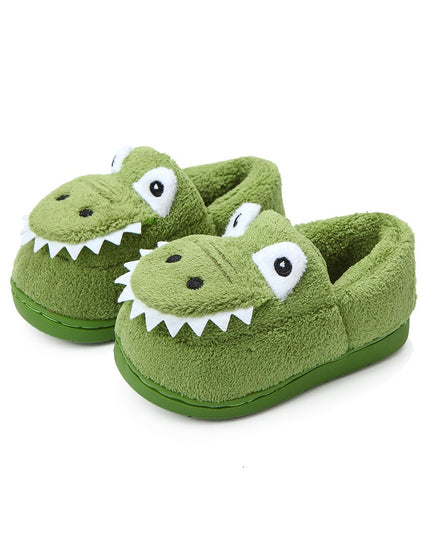Boys' Dinosaur Slippers with Plush TPR Sole & Alligator/Crocodile Teeth - Warm Winter Indoor/Outdoor, Green & White Low-Top Easy Slip-On for, Cute Dino Footwear for Bedtime & Play