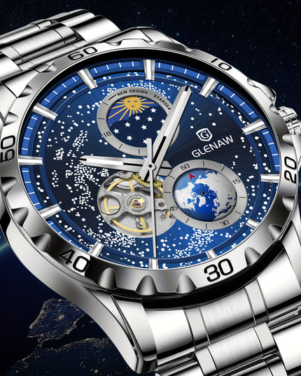 Multifunctional Men's Mechanical Watch Starry Sky Dial Steel Band Stopwatch Sun Moon Star Automatic Men's Watch