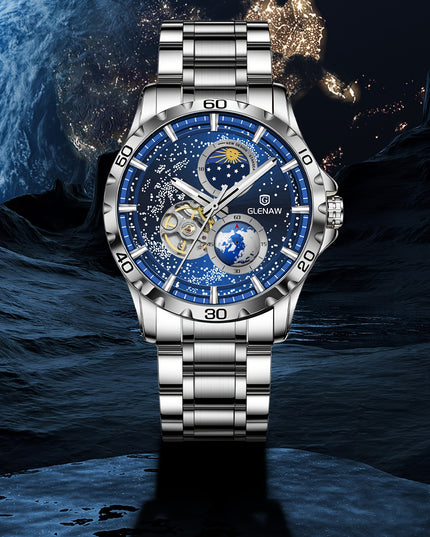 Multifunctional Men's Mechanical Watch Starry Sky Dial Steel Band Stopwatch Sun Moon Star Automatic Men's Watch