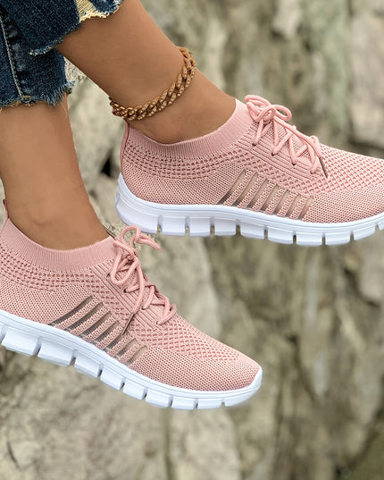 Women's Lightweight Knit Sneakers, Breathable Low-Top Lace-Up Casual Running Footwear, Fabric Upper and PU Cover Sole, Vibrant Color Sneakers, Versatile Running Shoes