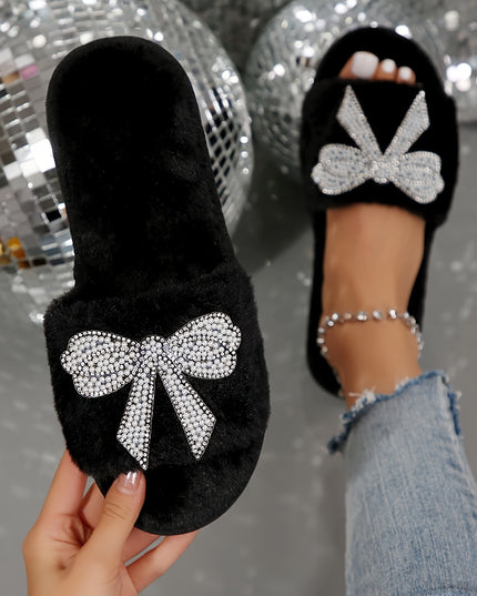 Women's Plush Fuzzy Slippers with Butterfly Rhinestone Embellishments - Open-Toe Cozy Indoor House Shoes, Soft Fabric Upper & EVA Sole for Warmth, Spring Home Comfort, Comfortable Slippers, Elegant Slipon, Stylish Footwear, D